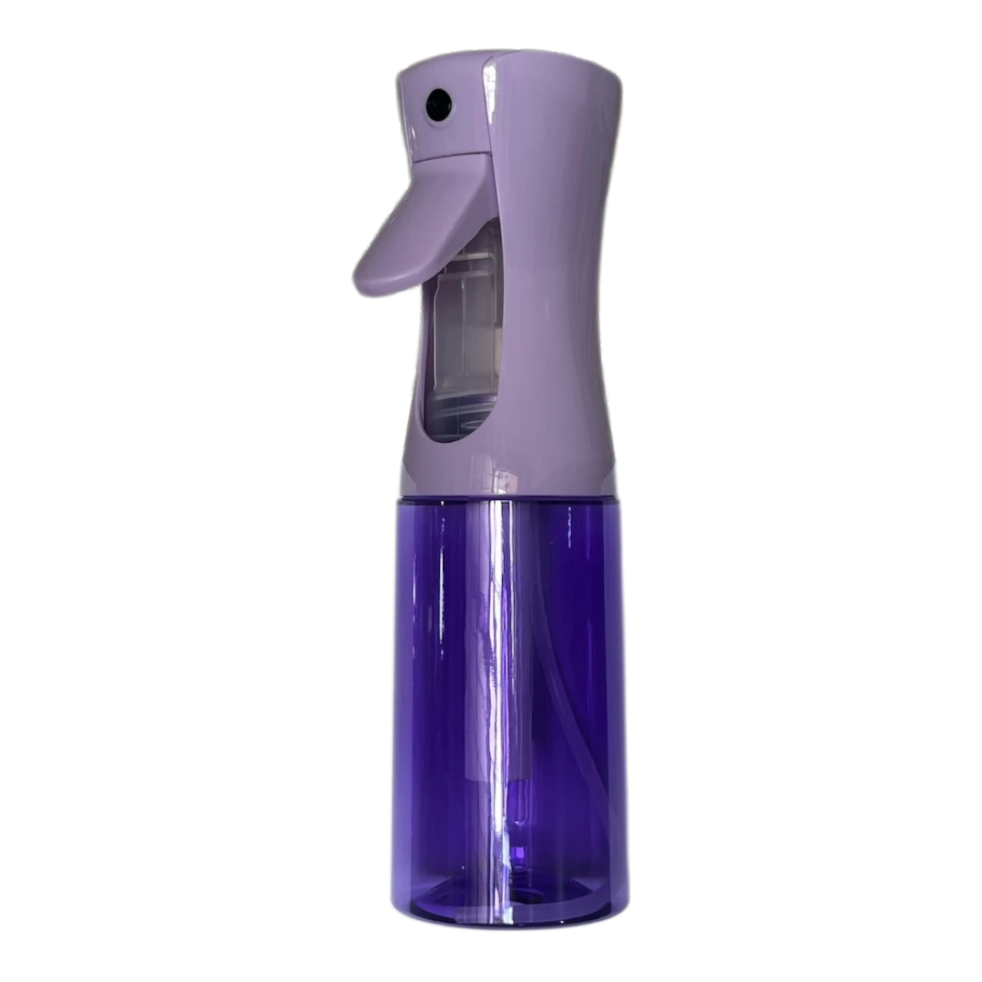 Atomizador continuo DL STORE de plástico morado translúcido con pulverizador ergonómico, ideal para peluquería y cuidado del cabello.