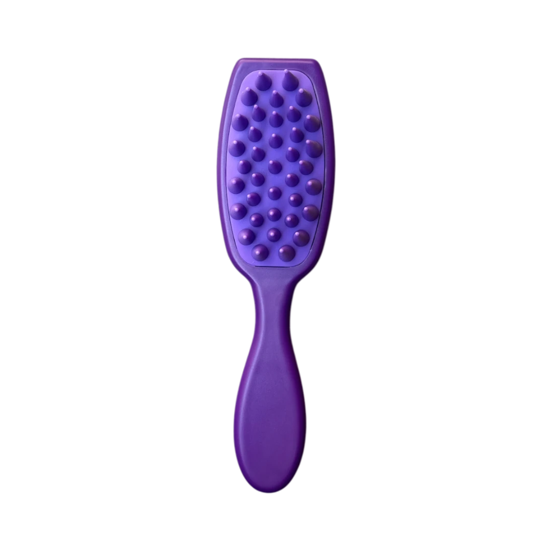 DL STORE Cepillo masajeador capilar morado con púas de silicona para estimular el cuero cabelludo.