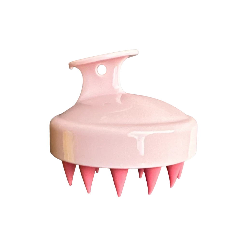 DL STORE Cepillo masajeador de cuero cabelludo rosa con cerdas de silicona para estimular la circulación y la salud capilar.