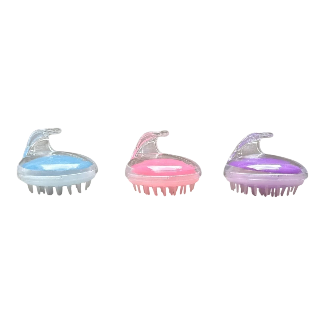 DL STORE cepillo masajeador de cuero cabelludo de silicona en rosa, azul y morado para estimular el crecimiento del cabello.